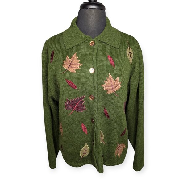 Croft & Barrow Leaf Patterned Green Knit Button Front Cardigan Women's Size XL - Picture 1 of 14